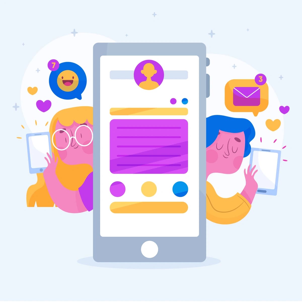 An illustrated image featuring two characters holding tablets and reacting with joy to a central smartphone displaying social media notifications, symbolizing connectivity and online interaction.