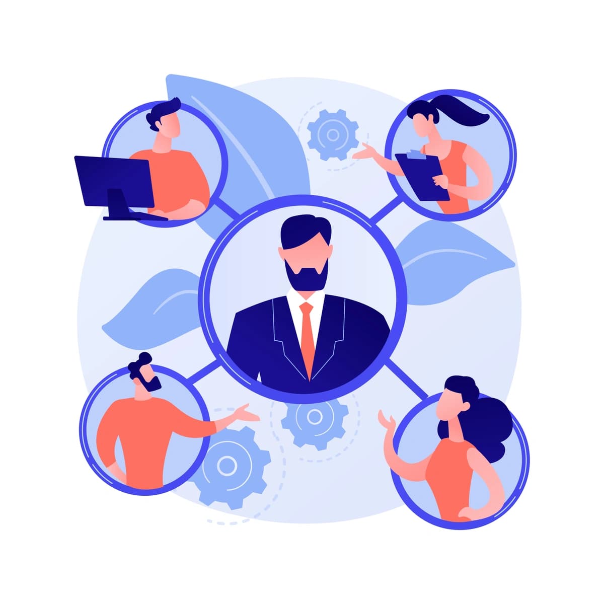 A stylized illustration of a diverse professional team in a meeting, with a standing man gesturing towards a data chart on a board, a seated woman discussing a point, and another seated man with a laptop, all in a modern office setting with decorativ