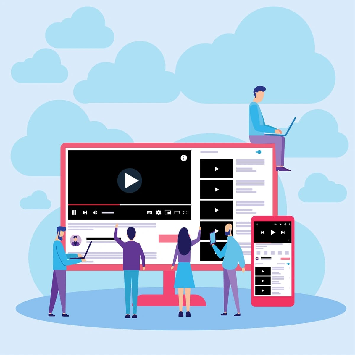 An illustration of individuals engaging with giant video player interfaces on a computer and mobile device, indicating teamwork in video content management against a cloudy backdrop.