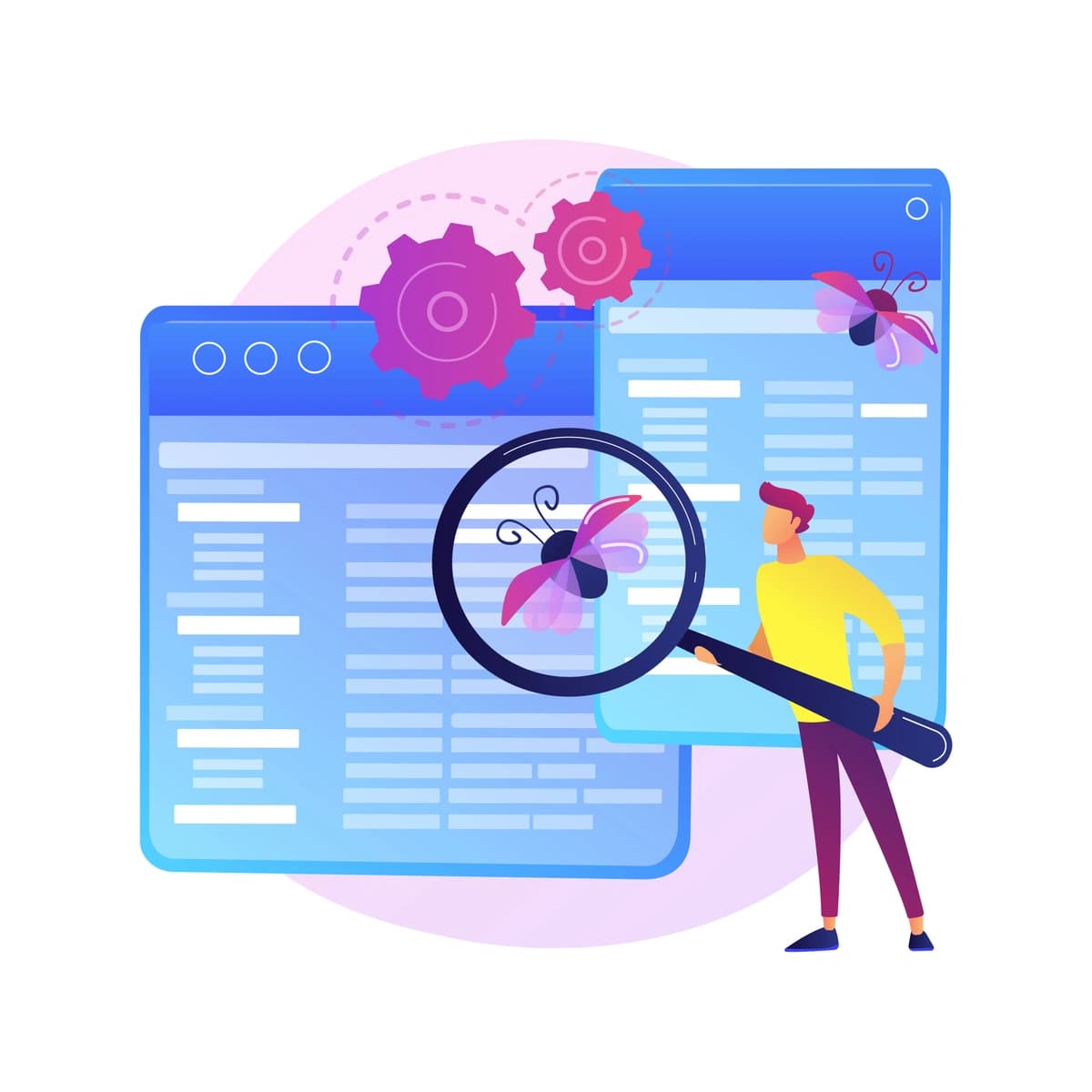 Illustration of a person holding a magnifying glass over a computer screen, highlighting a stylized bug symbol to represent bug detection in software development, with gear icons in the background suggesting a focus on debugging and system analysis.
