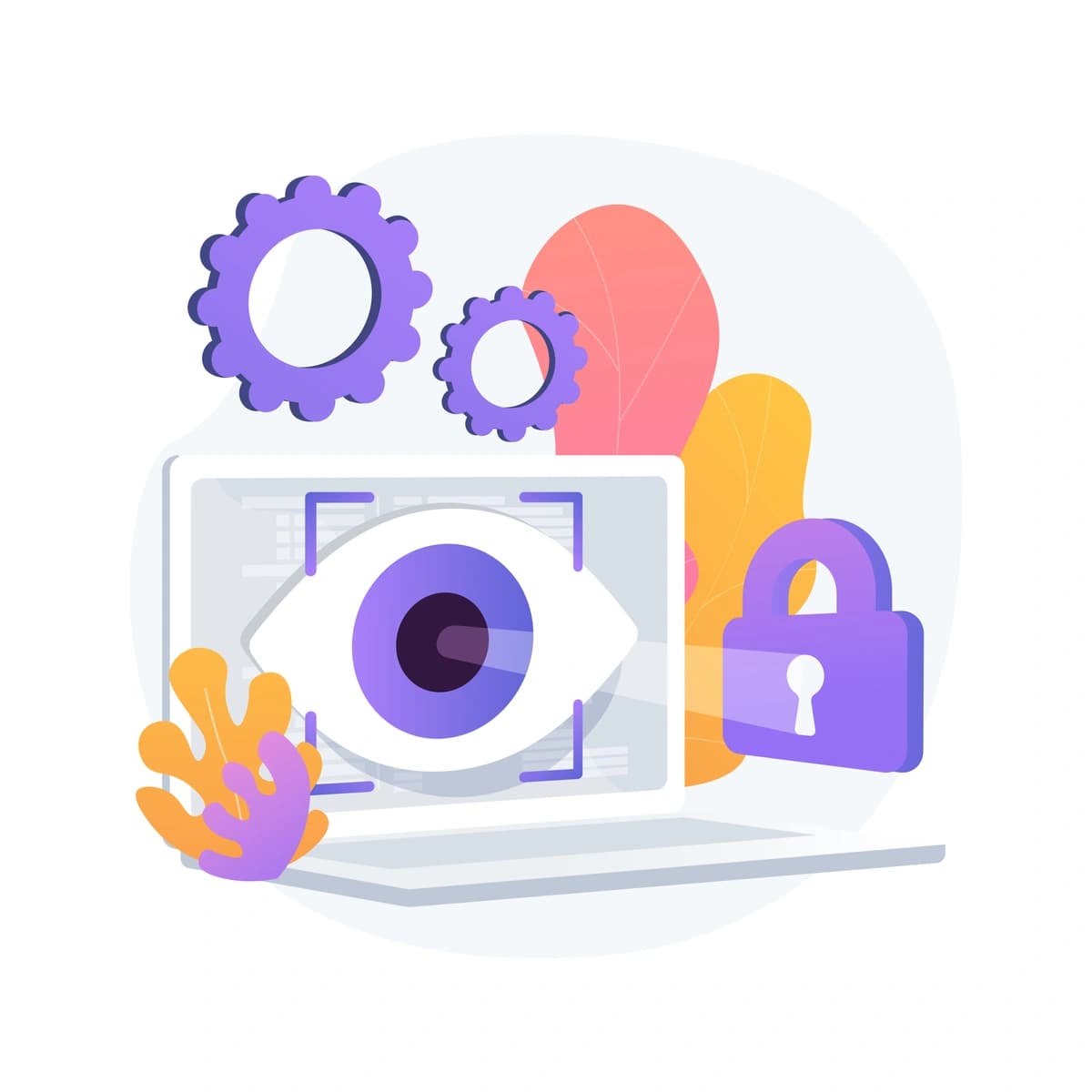 A graphic of a laptop with an eye icon on the screen and abstract elements like gears and a lock, depicting cybersecurity or digital surveillance themes.
