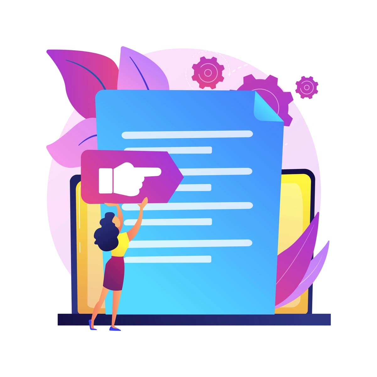 A cartoon of a person holding up a 'like' icon against a large document, representing content approval or social media engagement.