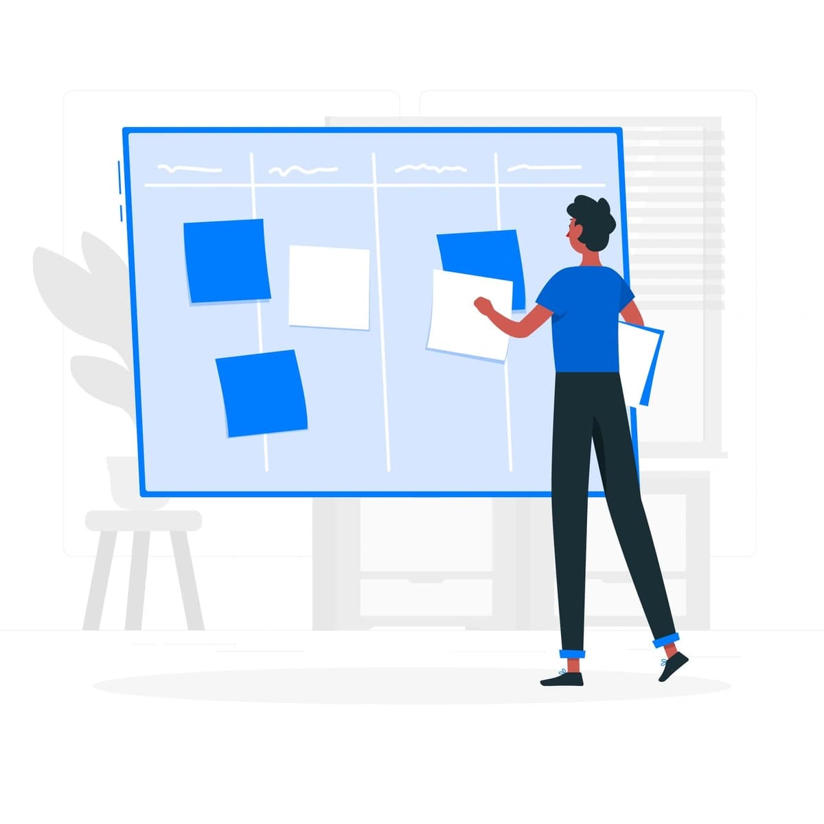 A vector illustration of a person placing sticky notes on a large board, representing planning, organization, or brainstorming activities in a project management context.