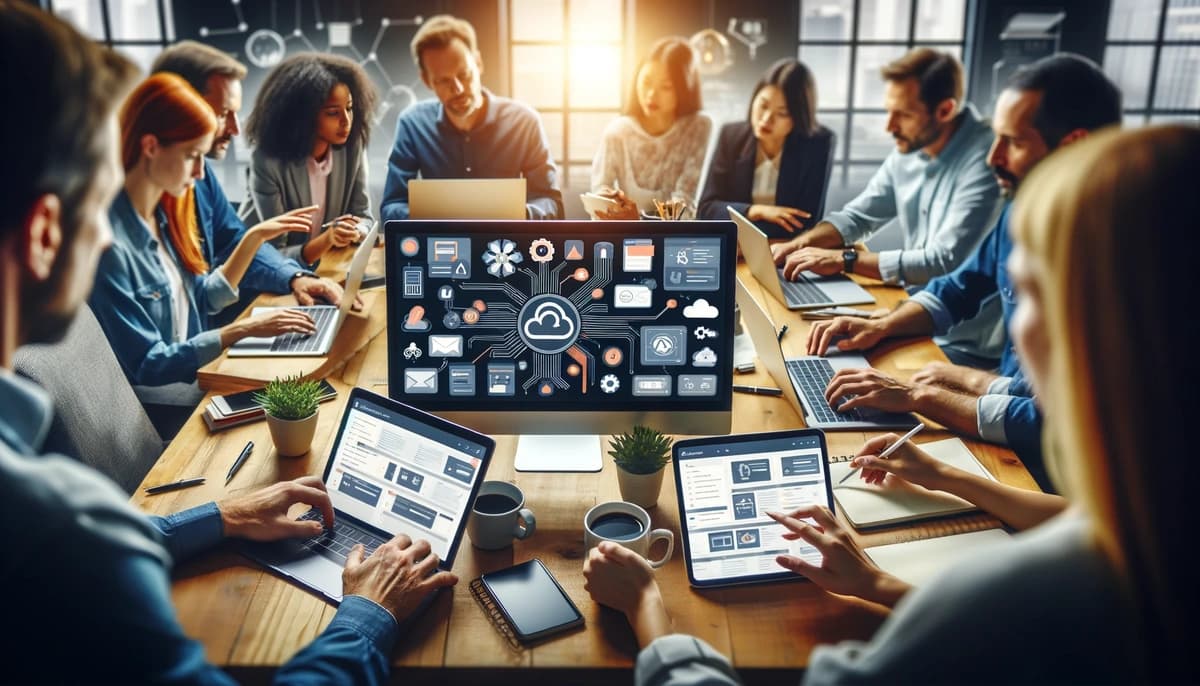 A group of diverse professionals collaborating on a project using Atlassian's Confluence on various devices in a modern office setting