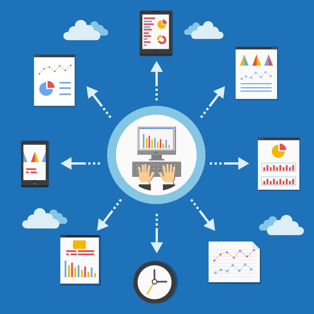 An illustration showing a central workstation connected to various devices and documents, each displaying different types of charts and graphs.
