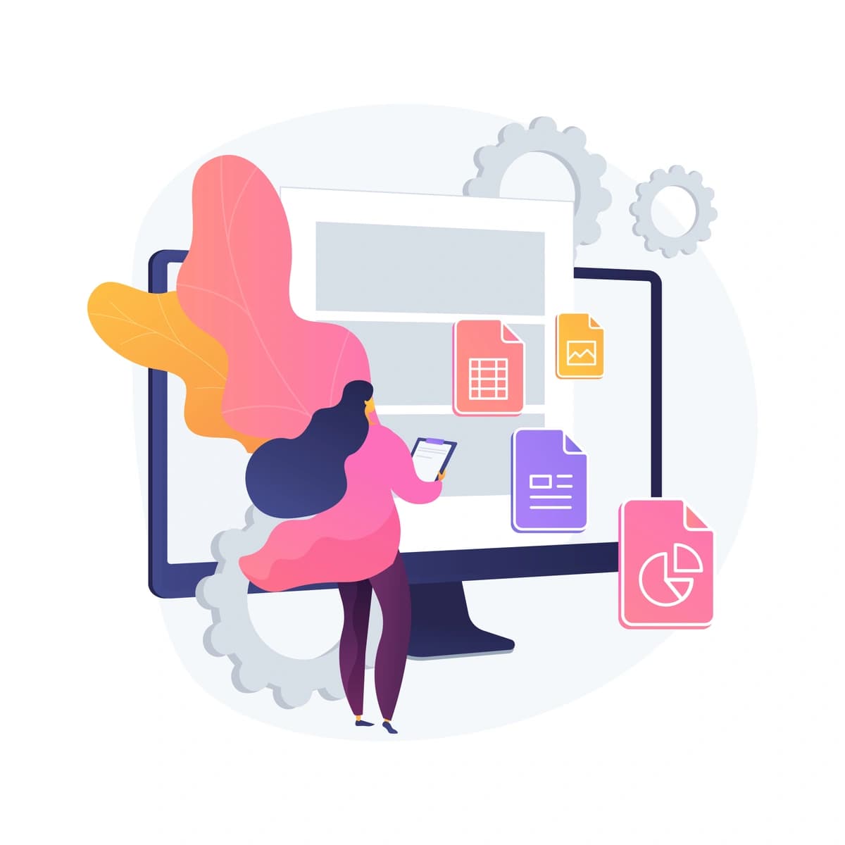 The image shows a stylized illustration of a person with long black hair, using a smartphone, standing in front of a computer screen displaying various document icons, indicative of digital organization or office work. The design is modern and minima