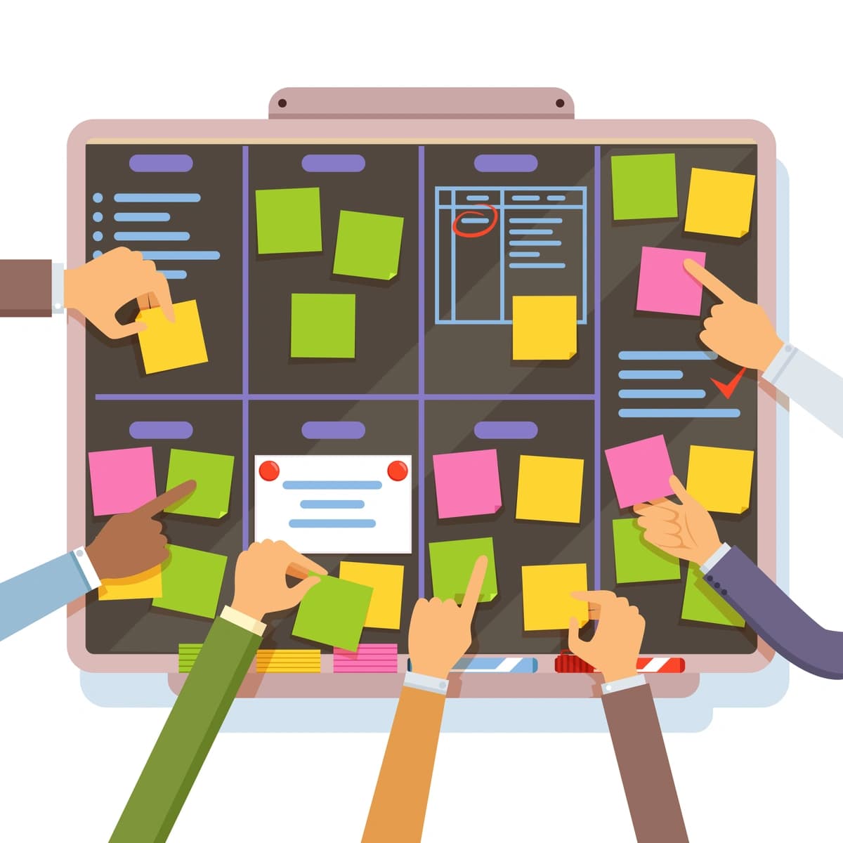 An illustration of several hands organizing colorful sticky notes on a digital Kanban board, representing task management and team collaboration in a project setting.