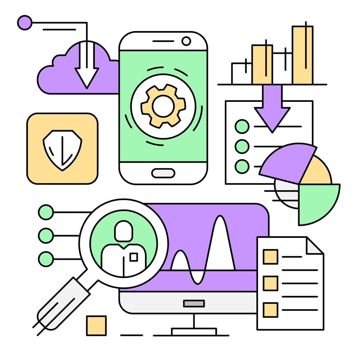 A colorful vector illustration of a mobile device with a gear icon on the screen, surrounded by symbols of cloud downloading, security shield, analytics charts, and magnifying glass over a user icon, representing various digital functions and data an