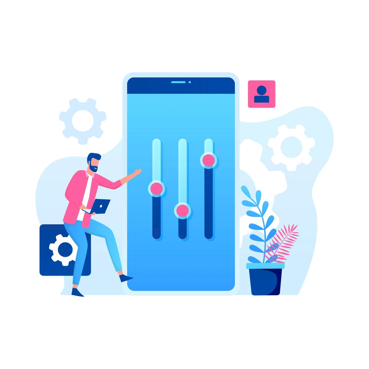 An illustration of a man adjusting sliders on a large smartphone screen, representing app customization.
