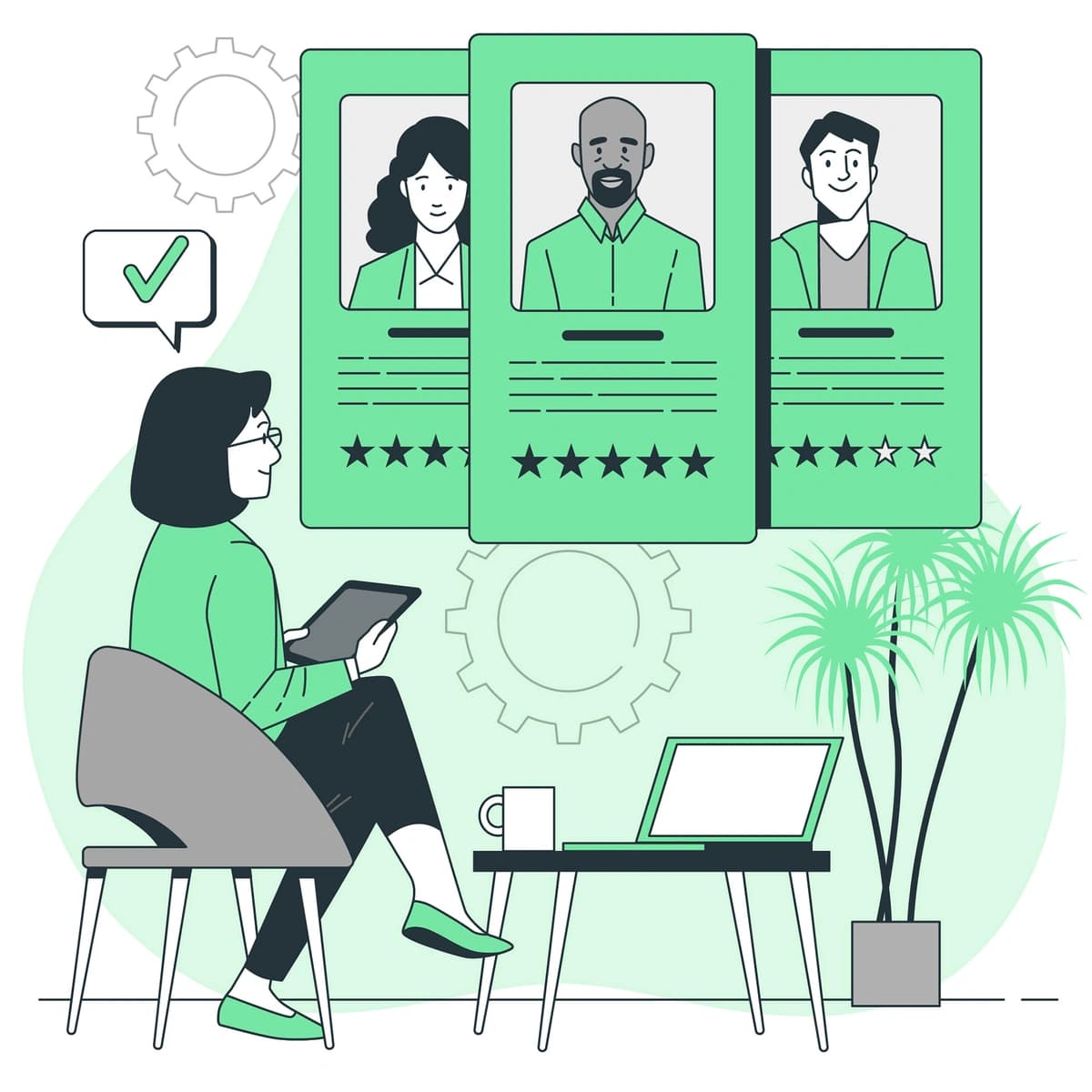 A colorful graphic of a collaborative team in a business environment with digital profiles and star ratings floating above, suggesting a customer feedback system or performance review process with employees engaging with digital tablets and interacti