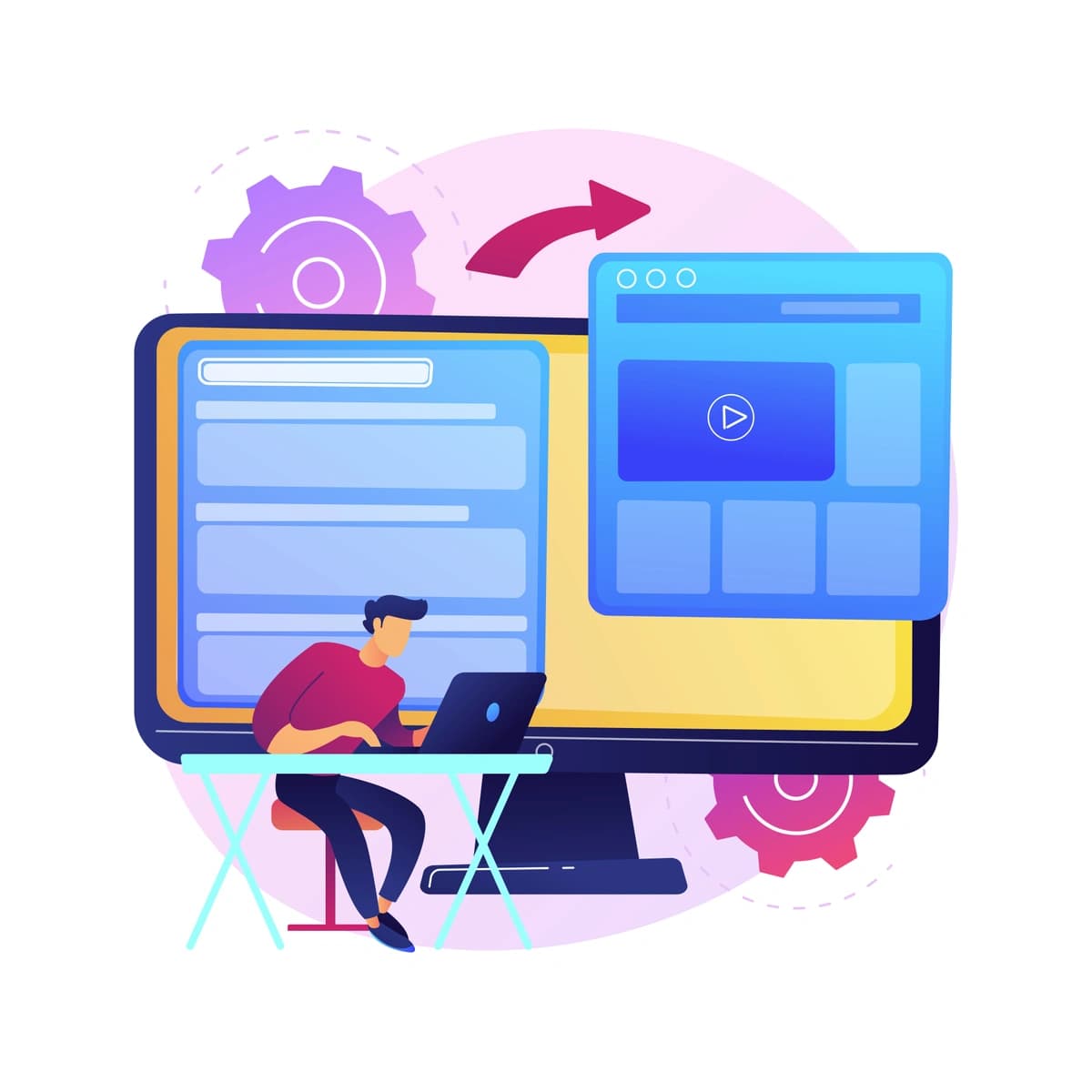 An illustration of a man at a desk with a laptop, flanked by two giant screens showing a document and a media player, suggesting multitasking in content creation. Gears and arrows in the background imply workflow and direction.