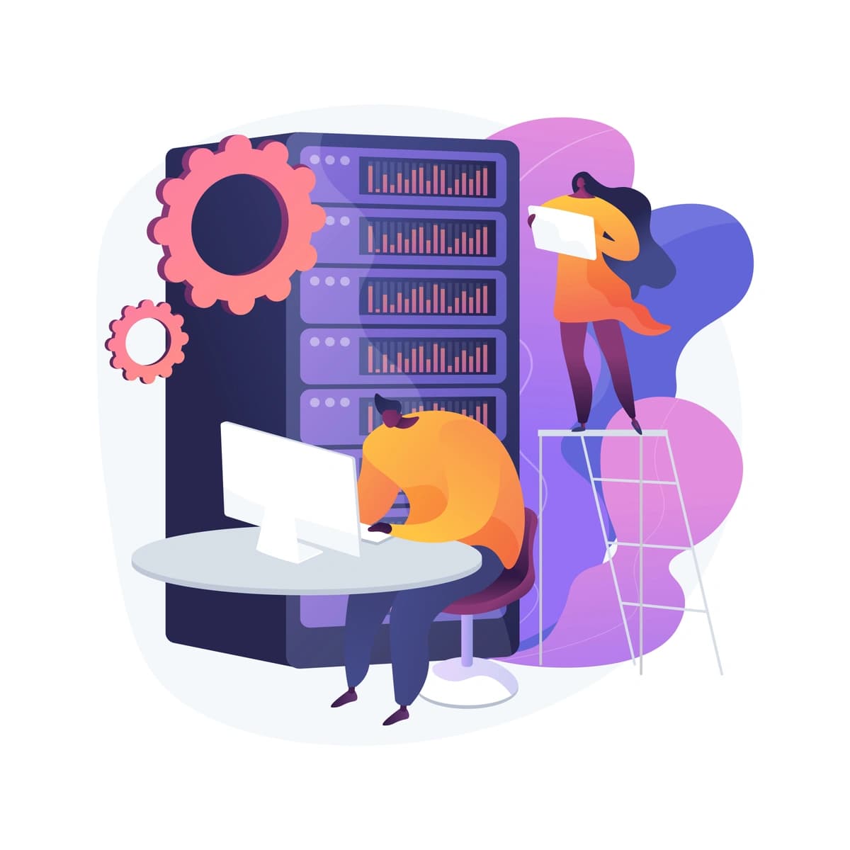 An illustration of anthropomorphized foxes engaging in software development, with one coding at a computer and another climbing server racks.
