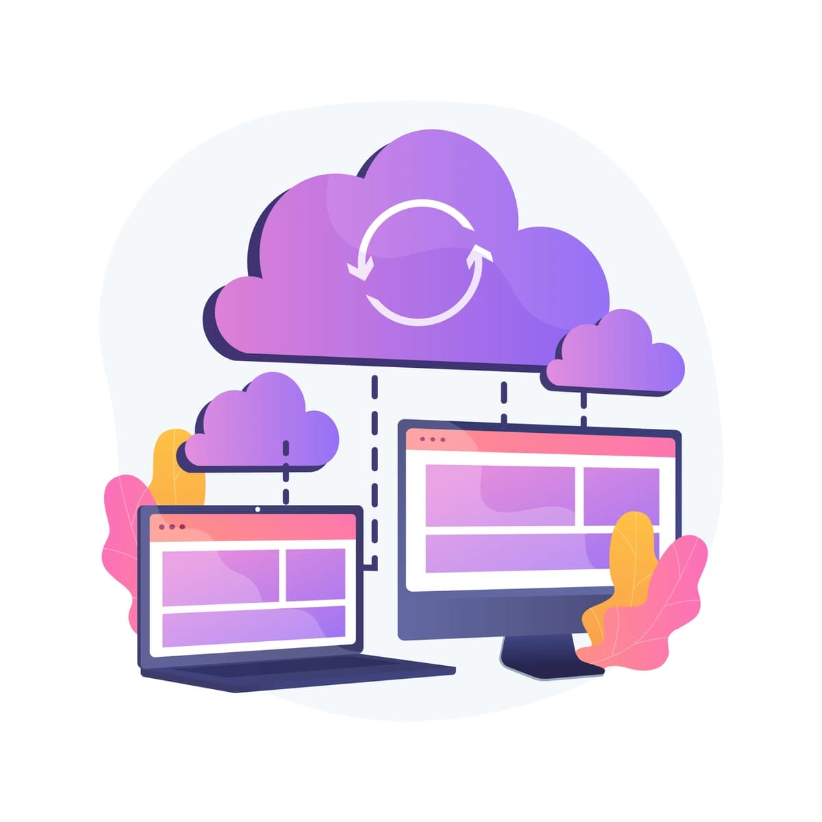 The second image illustrates cloud computing, showing three computer monitors with different interfaces connected by clouds and a circular arrow, accompanied by leaves.