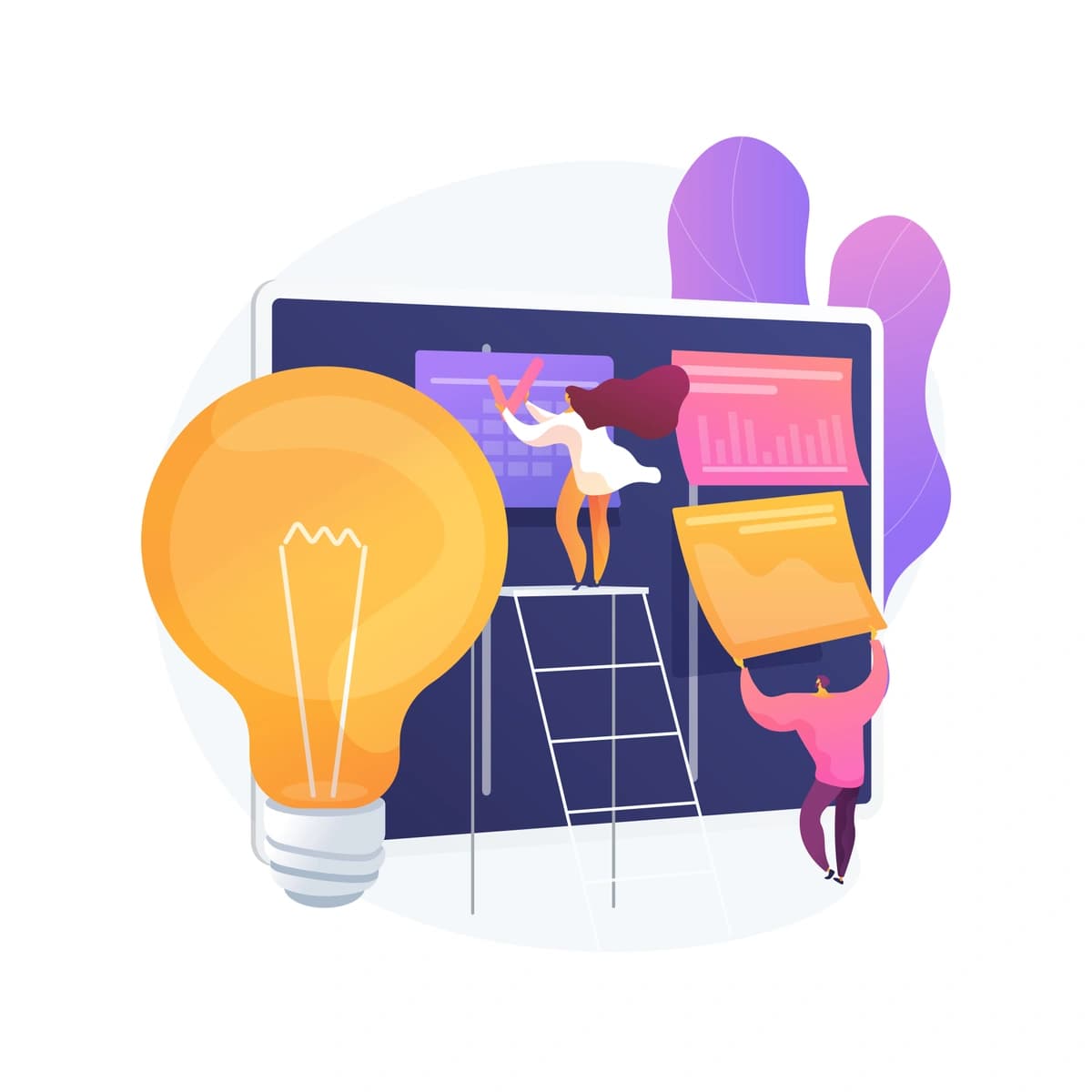 An illustration of a women on a ladder writing on huge sticky notes