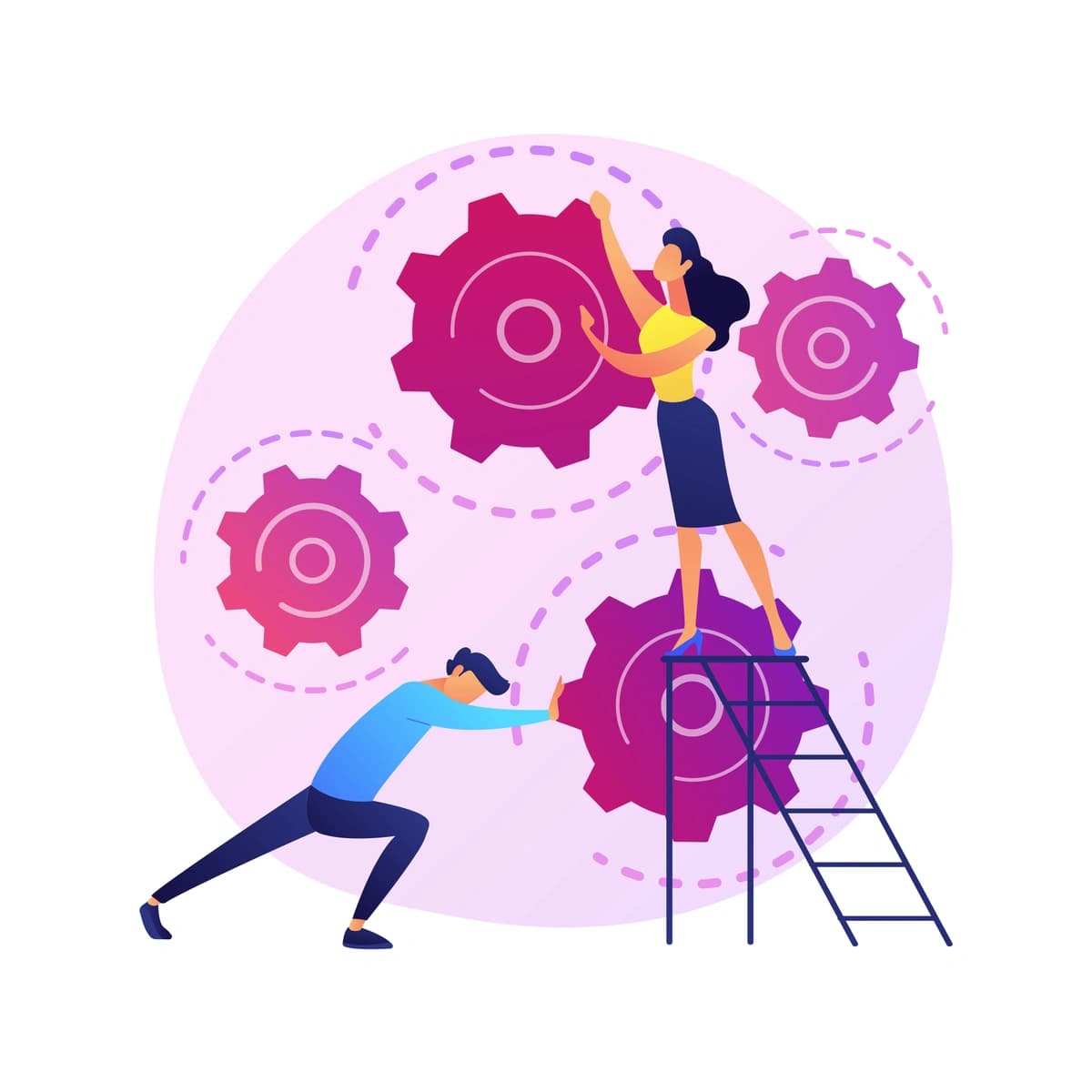 A vibrant illustration of two people collaborating to engage with large gears, with one person standing on a ladder and another reaching out, symbolizing teamwork and the mechanics of problem-solving or workflow management.