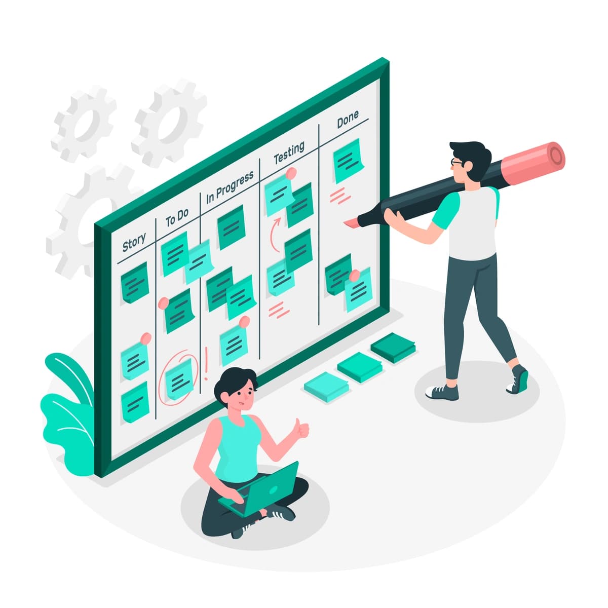 A graphic of two individuals using a Kanban board to manage project tasks, with one person seated and the other holding a marker, indicating teamwork in agile project planning.