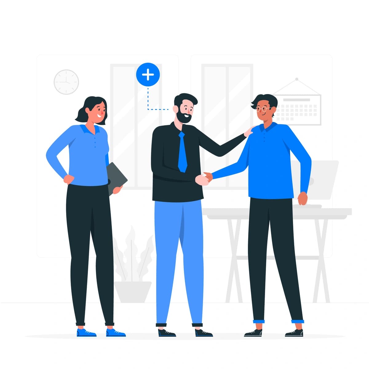 A cartoon graphic of one women and one man welcoming a new male employee.