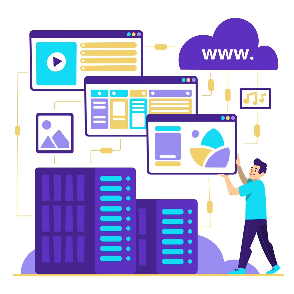 An illustration of a person pointing to a screen with a chart, surrounded by multimedia icons and a cloud labeled "WWW," in a playful, cartoonish style.