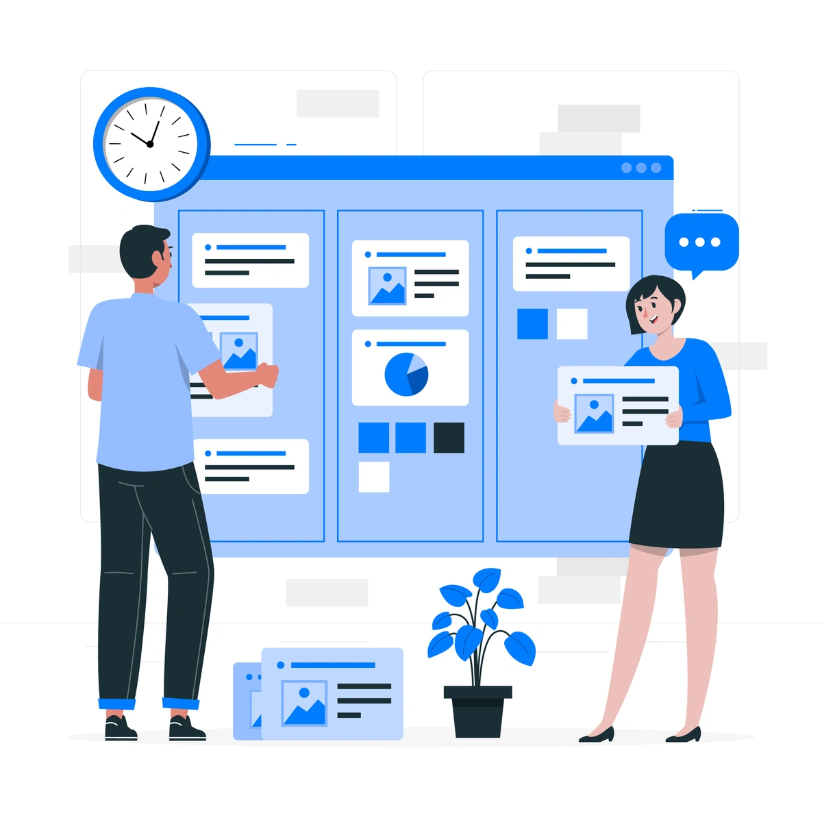 Digital illustration of a man and a woman in a modern office setting, interacting with large display panels that show graphs and data, suggesting a collaborative work environment focused on productivity and time management.