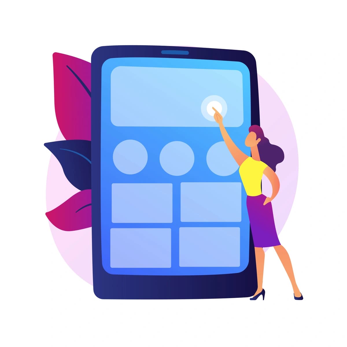 An illustration of a person interacting with a giant smartphone screen, suggesting user engagement with mobile technology or applications.