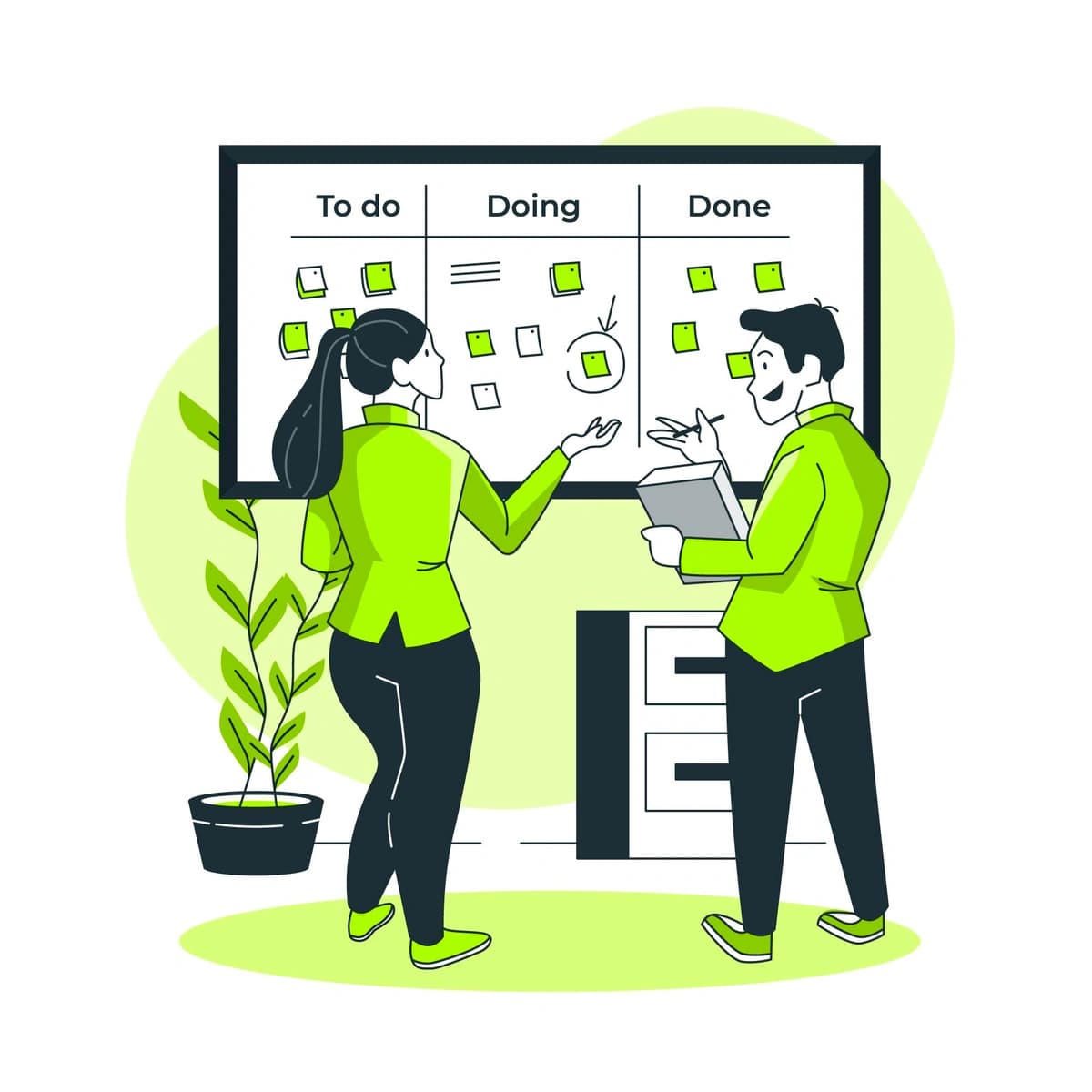 two individuals in a professional setting, engaging with a Kanban board labeled with 'To do', 'Doing', and 'Done', representing task organization and workflow management.