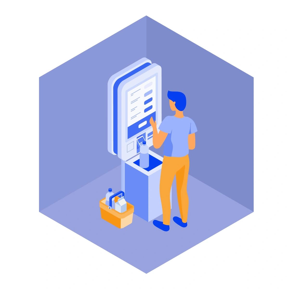 An isometric illustration depicting a person using an interactive kiosk with a touchscreen interface, suggesting self-service technology in a hexagonal frame.