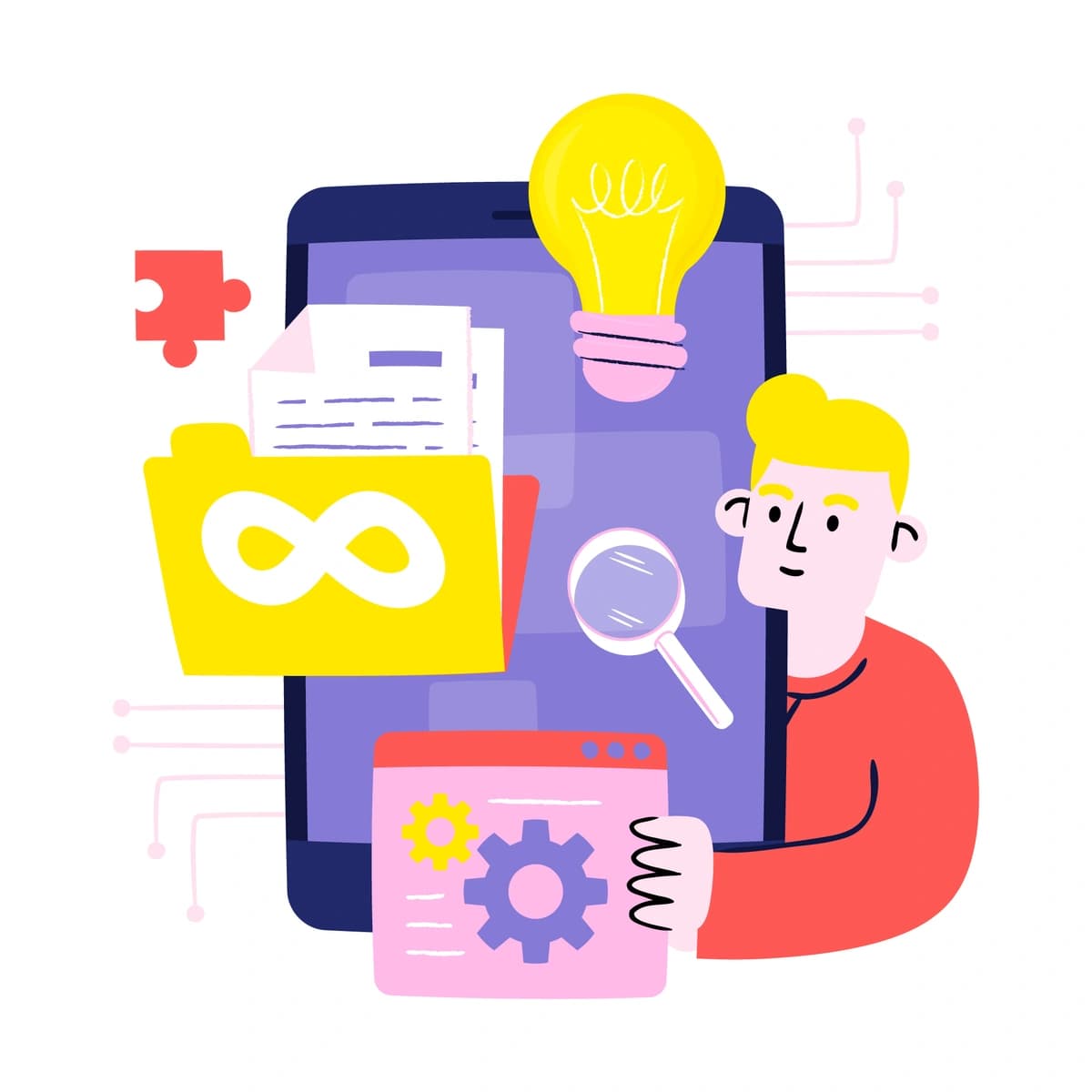 A colorful illustration of a person holding a gear icon, with a smartphone displaying various icons such as a lightbulb, magnifying glass, infinity symbol, and documents, indicating creativity, search, and endless possibilities in digital solutions.
