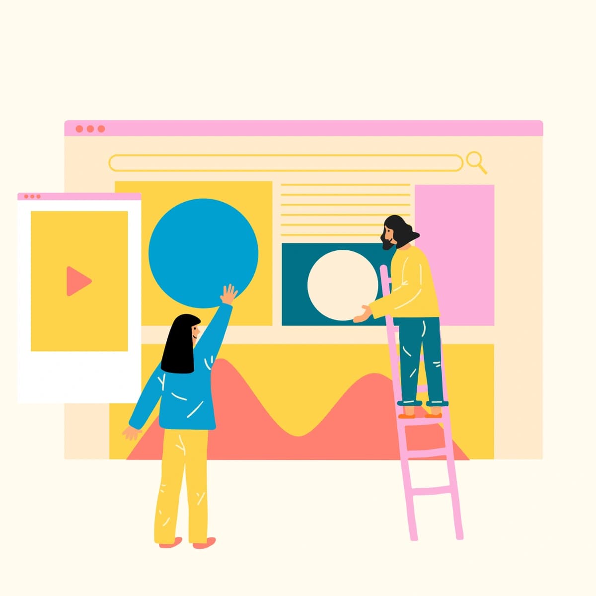 Two figures are displayed designing a digital interface, with one standing on a ladder. It's a simplified representation of web development.