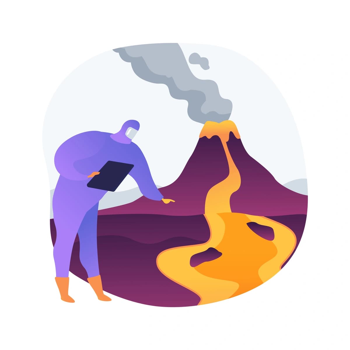 An illustration of a scientist or volcanologist studying a volcanic eruption, possibly for educational or scientific communication purposes, emphasizing the study of natural phenomena.