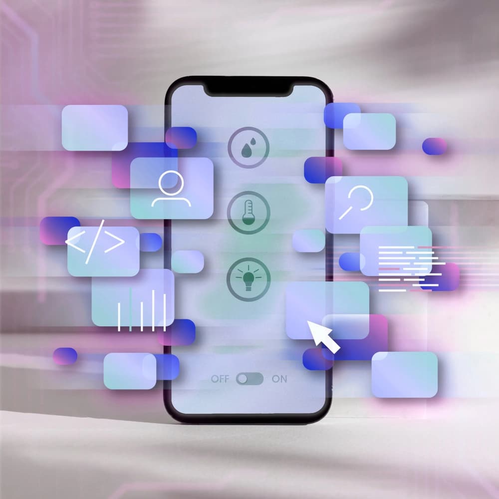 An abstract image of a smartphone surrounded by floating translucent icons related to user profiles, settings, code, and data, with a blurred background giving a sense of depth.