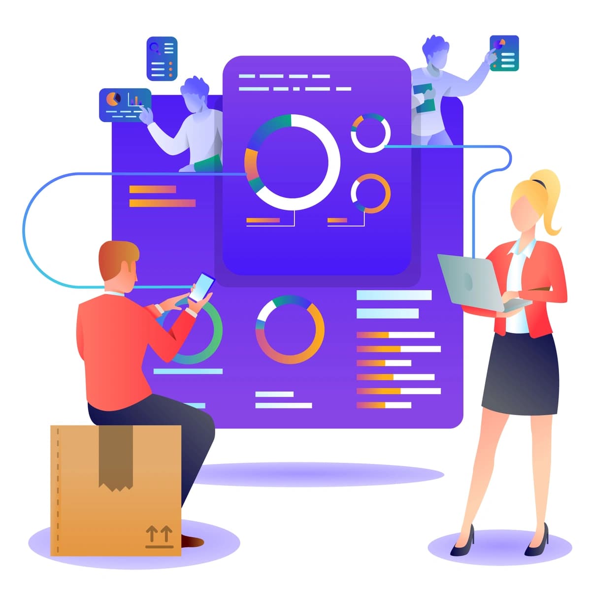 An illustration showing three people using digital devices amidst vibrant graphics of pie charts and bar graphs, symbolizing teamwork and data analysis in a business environment.