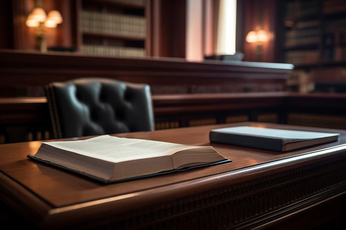 A photorealistic scene of a lawyer's office featuring an open legal book and a closed binder on a polished wooden desk, with a leather chair and bookshelves filled with legal volumes in the background.