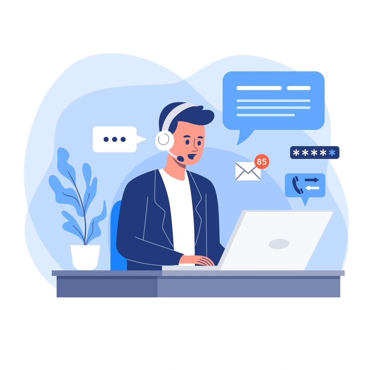 The image depicts a person with headphones sitting at a desk, working on a laptop. Various communication icons such as a speech bubble, email, and security symbol suggest the person is engaged in customer support, online communication, or cybersecuri