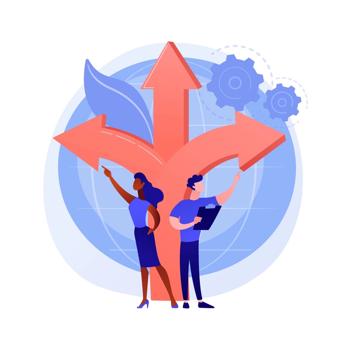 Two people standing in front of a large arrow that splits into three directions, with one person pointing upwards and the other holding a clipboard, indicating a decision-making process in a business or strategic setting.