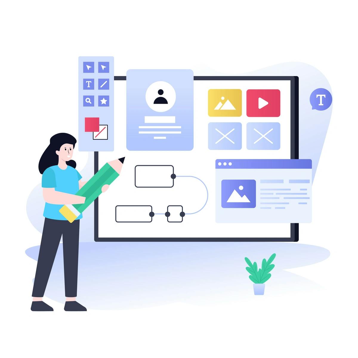 A flat design illustration of a female character holding a pencil next to a large display showing various user interface elements and wireframes, representing website or application design and development.