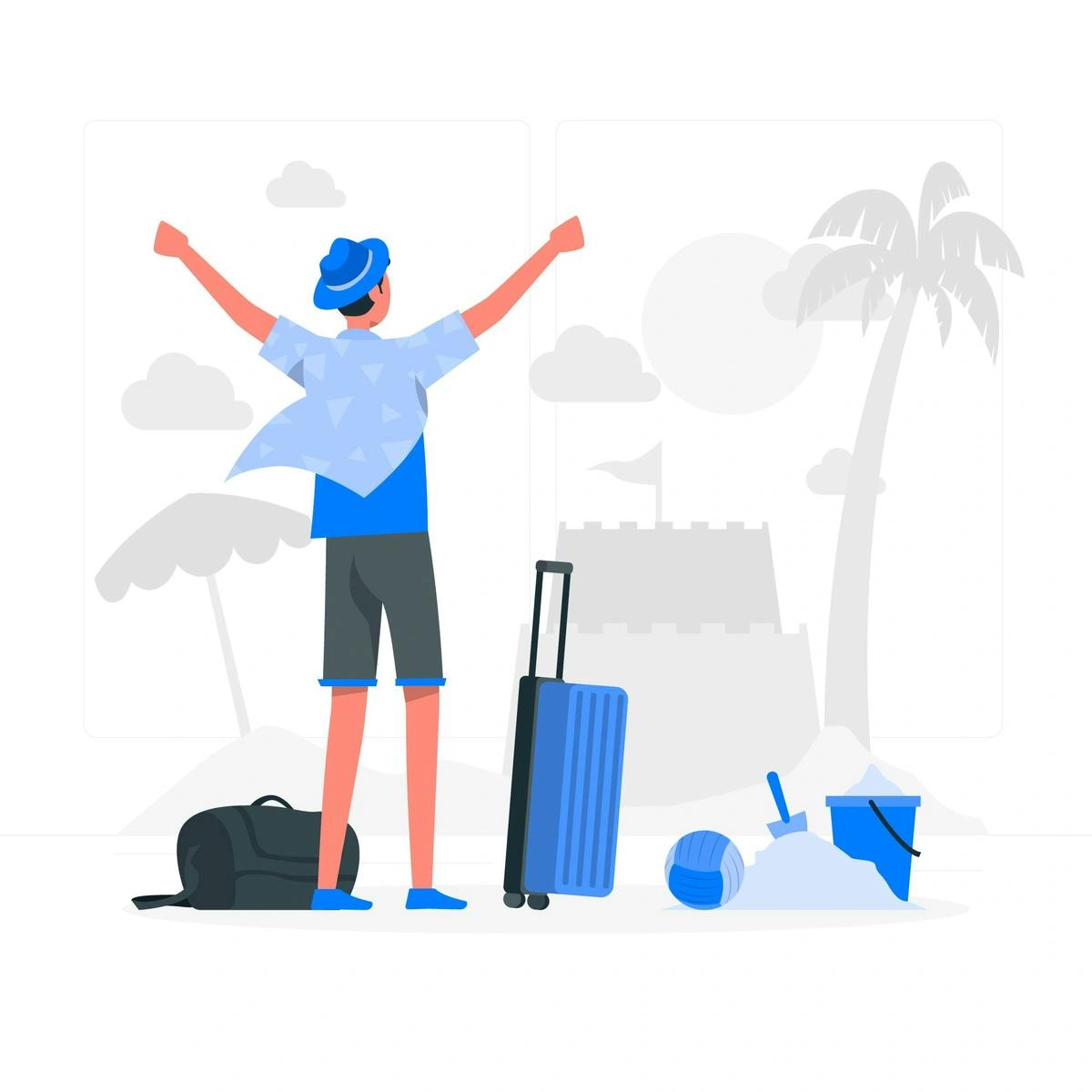 An image of a person with luggage at a beach setting, celebrating travel, vacation, or the concept of a journey, possibly symbolizing freedom or success.