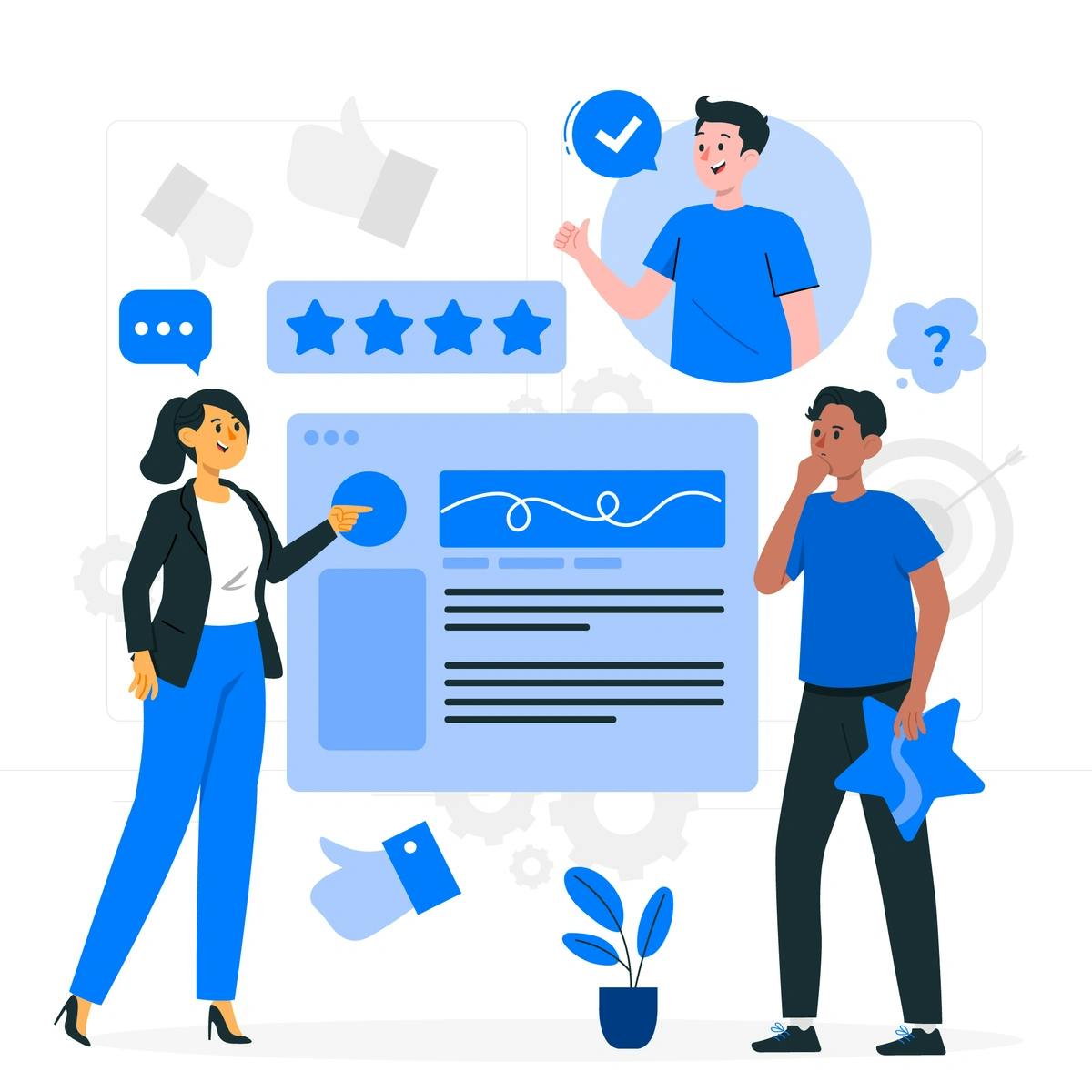 A colorful illustration depicting a woman and two men with various social media and customer feedback icons floating around them, such as likes, comments, a verified checkmark, and star ratings. The woman is presenting, one man is giving a thumbs up,