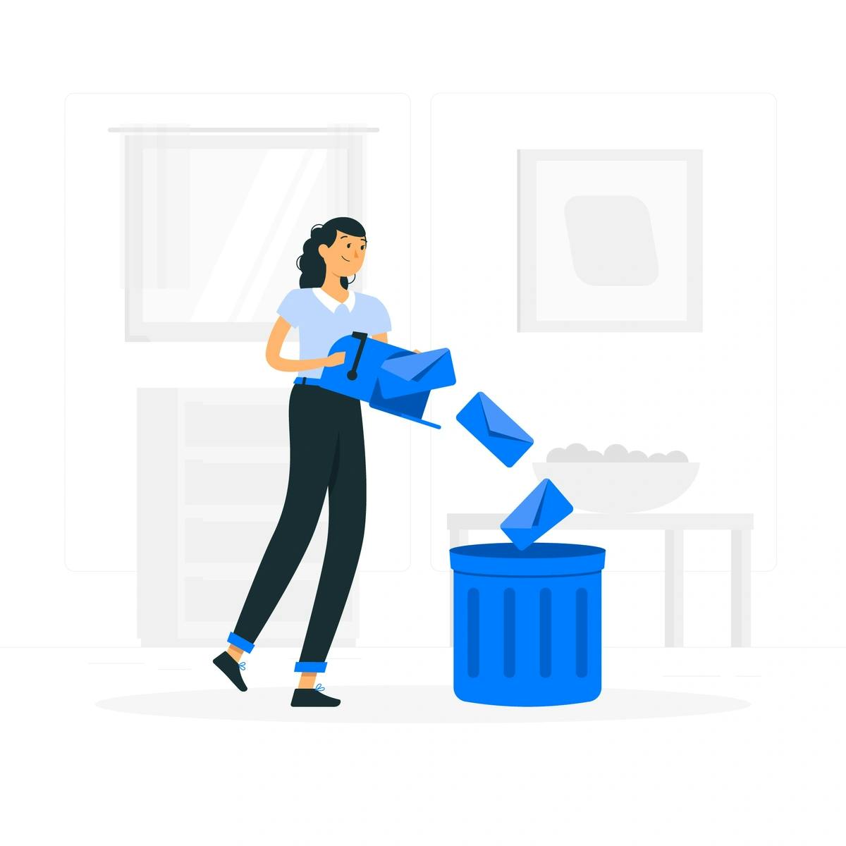 A person discarding code documents into a recycle bin, symbolizing the concept of starting anew with Forge for code development.