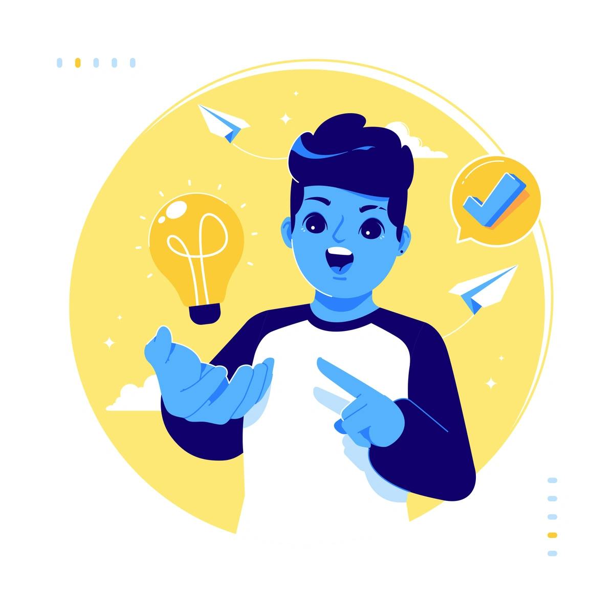 An animated graphic featuring a character with a light bulb and various icons, likely representing the concept of smart or innovative ideas.