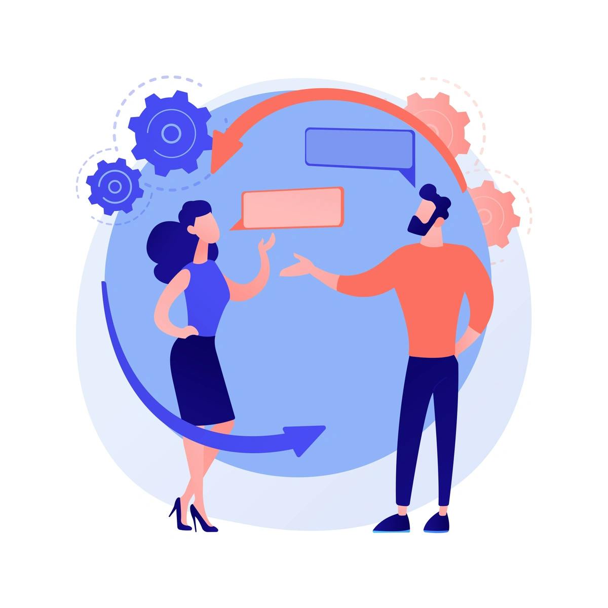The image is an illustration of a man and a woman engaging in a conversation with speech bubbles, surrounded by a circular arrow and cogwheels, suggesting a concept of continuous communication and workflow processes.