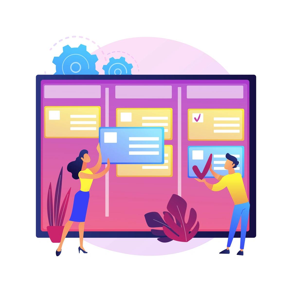 Flat design illustration of a man and woman organizing tasks on a large kanban board with colorful sticky notes.