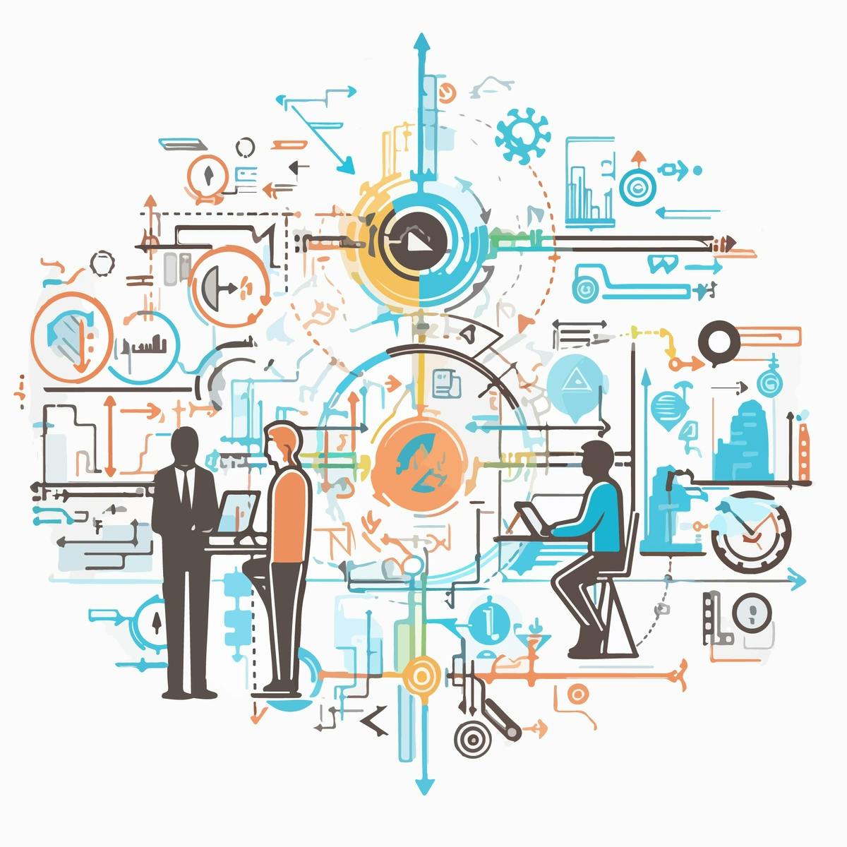 an abstract illustration blending business and technology concepts. Figures interact with elements such as charts, gears, and digital devices, symbolizing the complex interplay within modern business ecosystems.