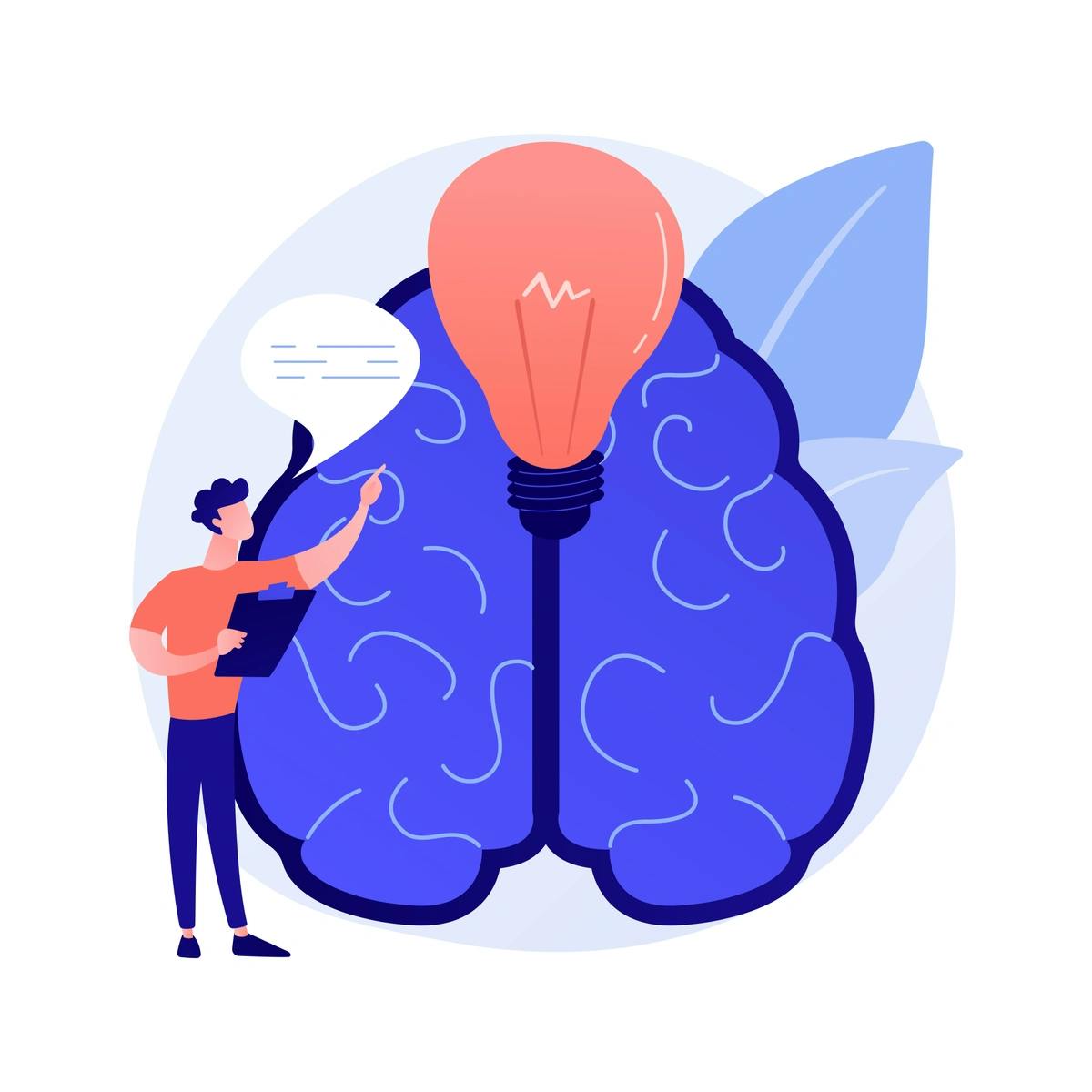 A graphic of a person pointing at a light bulb integrated with a brain, symbolizing smart ideas or intelligence.
