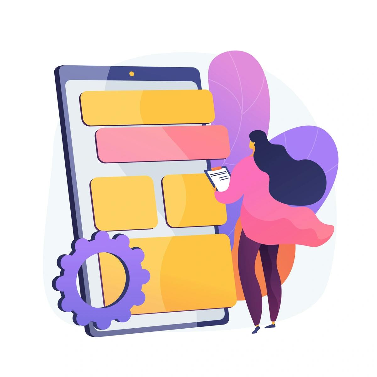A vector illustration of a woman interacting with a large smartphone interface, which displays various rectangular elements and a gear icon, suggesting task management or app customization.