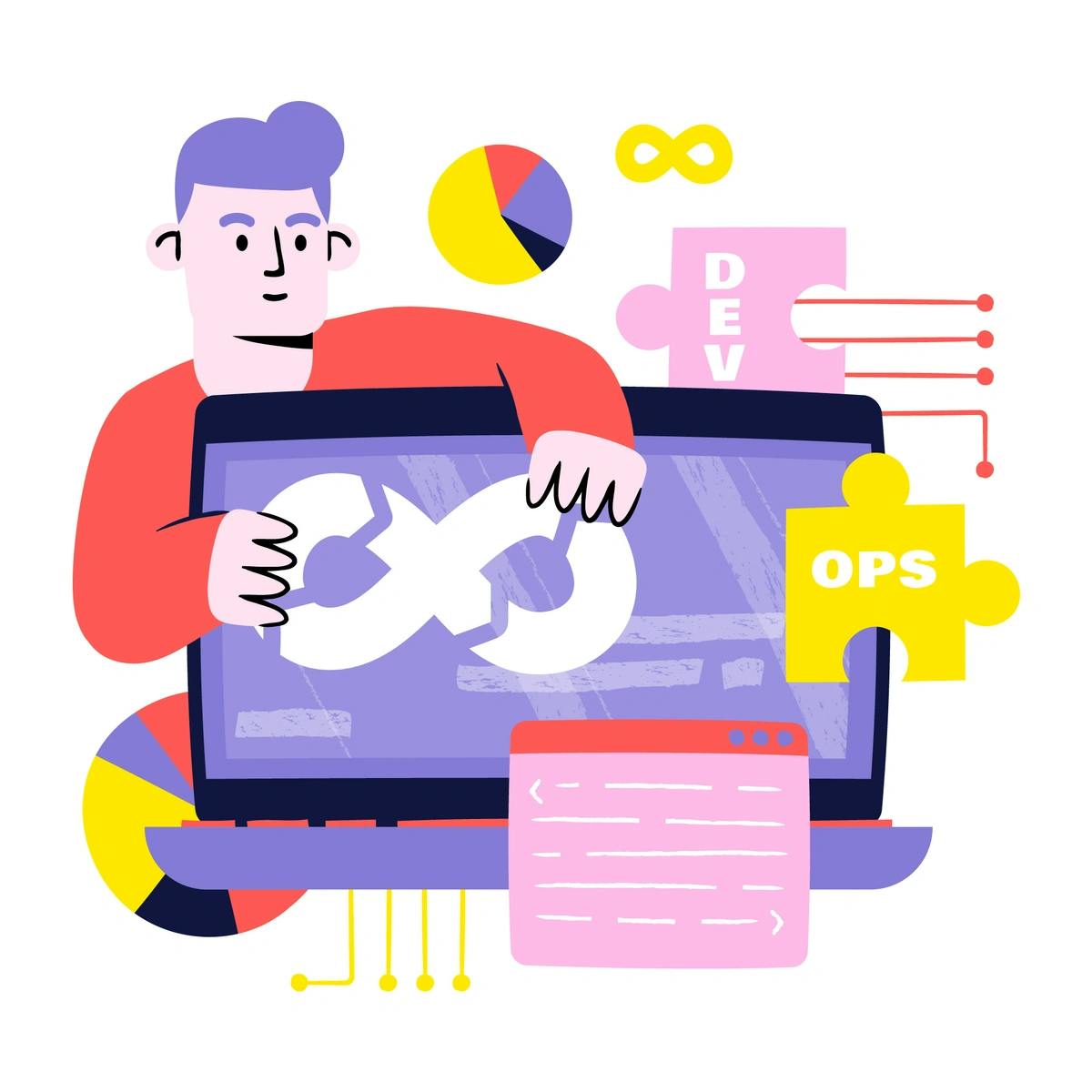 Illustration of a person holding a laptop with symbols representing development (Dev) and operations (Ops) merging, symbolizing the DevOps concept.