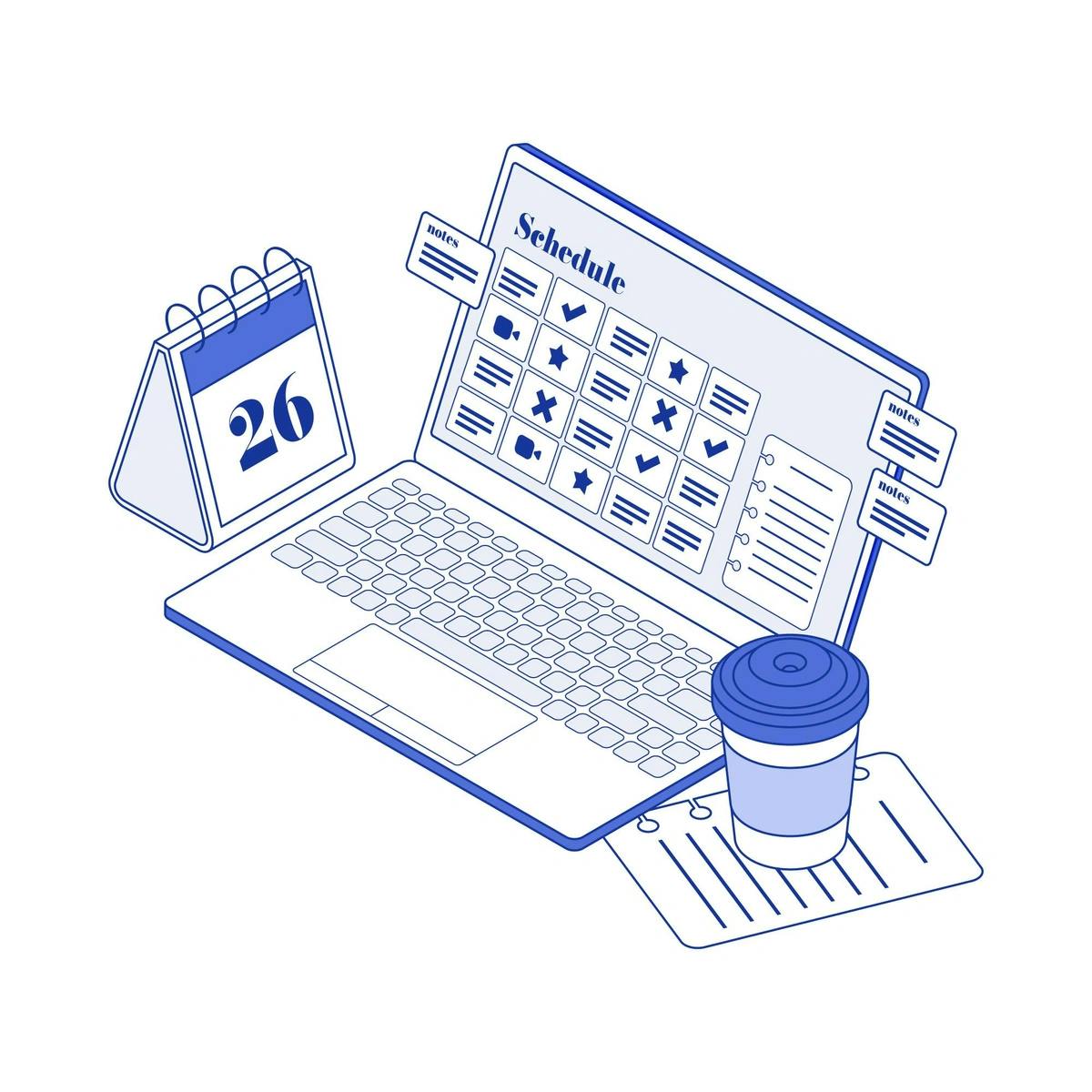 A stylized illustration of a laptop with a calendar on the screen, a coffee cup, and a notepad, suggesting themes of organization, work scheduling, or productivity.