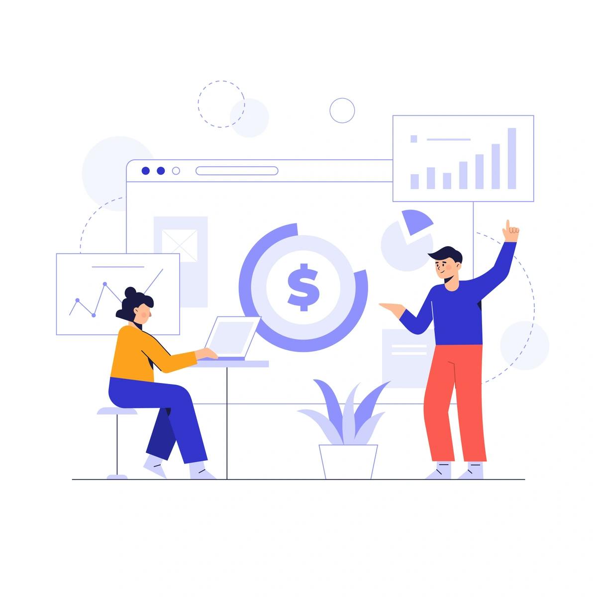 A vibrant illustration showing two individuals in a business setting, where one is working on a laptop and the other is presenting financial data and analytics. This represents teamwork and data-driven decision-making in a corporate environment.